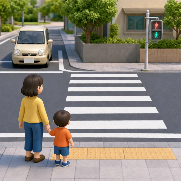 わたる前に、まわりをよく見ます。
車や自転車が来ていないか、たしかめます。
大人といっしょに、安全を見てからわたります。